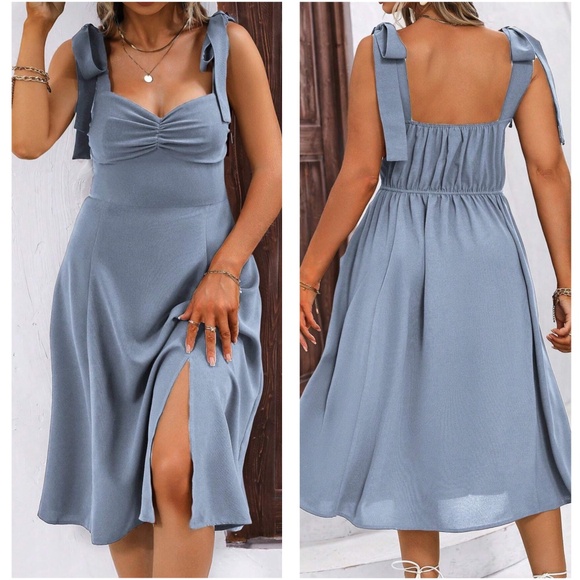 Plus Navy Blue Solid Shoulder tie Sweetheart neck Cami Midi Dress - Picture 5 of 7